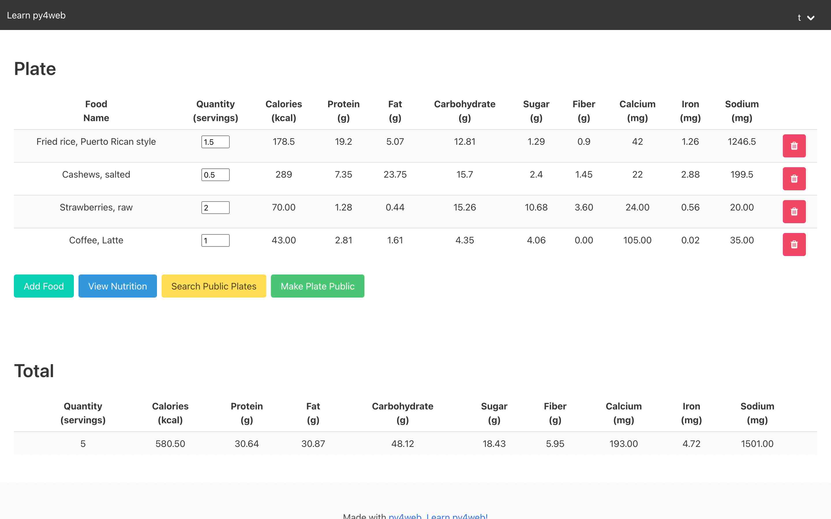 Nutrition website screenshot